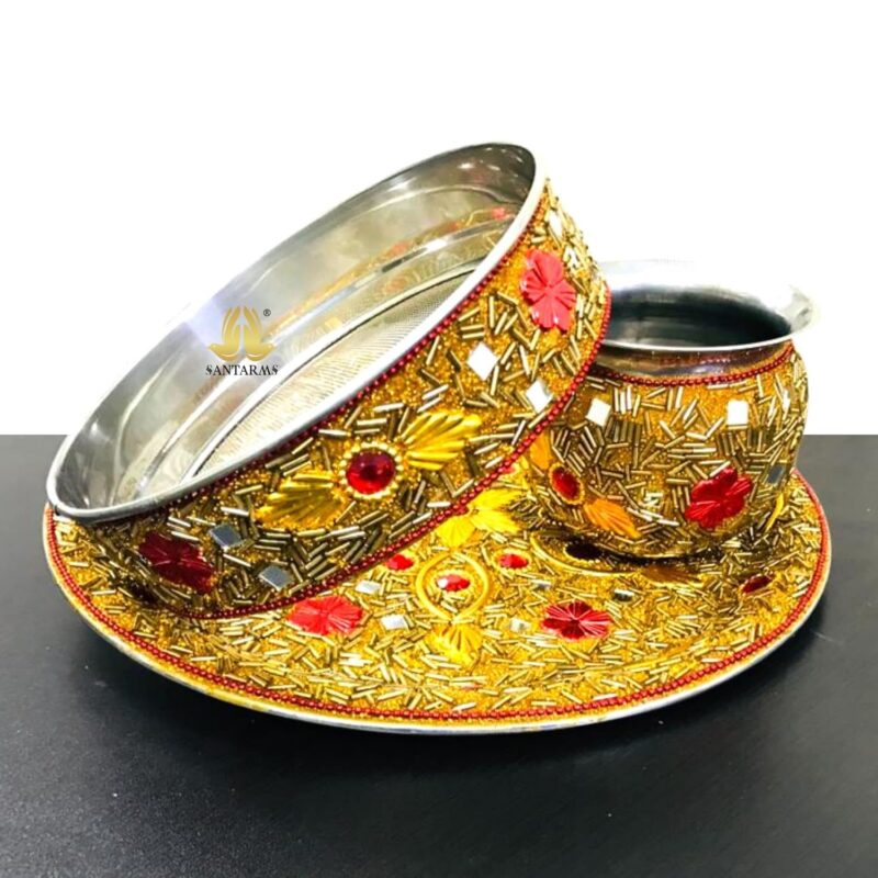 R G R Decorative Golden Stainless Steel KarwaChauth Pooja Thali Set Combo with 11 Pooja Samagri Kit -Karva Chauth Pooja Puja Thali-Traditional Karvachauth Gift for Wife Sister Mother Women