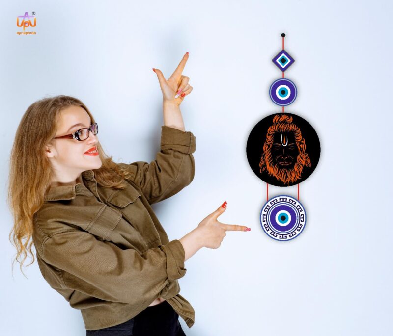 Crafty Adda Protection Wooden Wall Hanging Sacred Hindu God & Nazar Symbol for Positive Energy, Home & Office Decor Spiritual Blessings and Safeguard Against Negativity | Hanuman Evil Eye 2