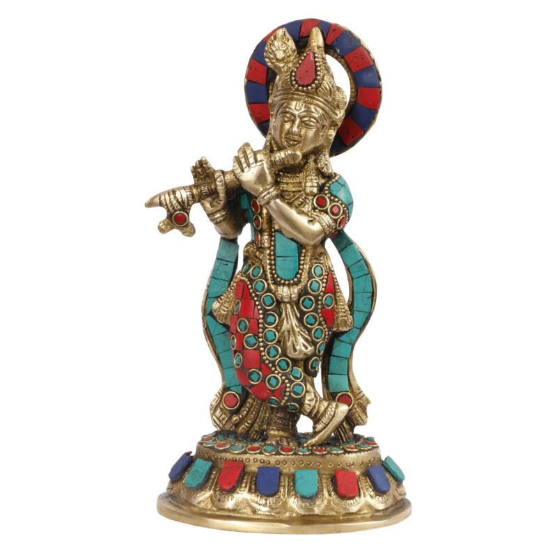 Kartique Brass Krishna Idol with Flute – 8.5 Inches Height, Vibrant Stone Decoration, Ideal for Home Décor