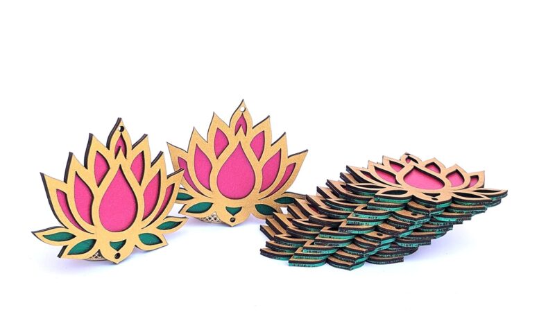 StepsToDo Lotus Flower Wooden Cutout. Set of 12. Each Lotus in 3 color Golden, Rose Pink and Green. Festive DIY Craft Material Kit. Decoration for Diwali, Dashera. For Pooja, Festival, Wedding Gift