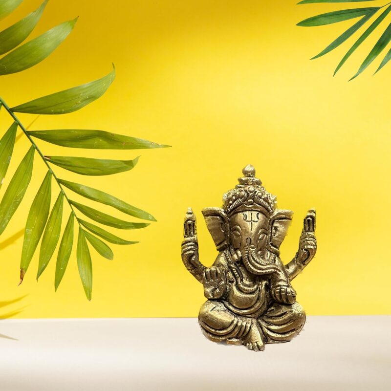 Laya 100% Pure Brass Ganesha Idol | Small Sitting Ganesha Idol for Home Decor, Pooja, Gifting & Car Dashboard | Brass Ganesha Statue