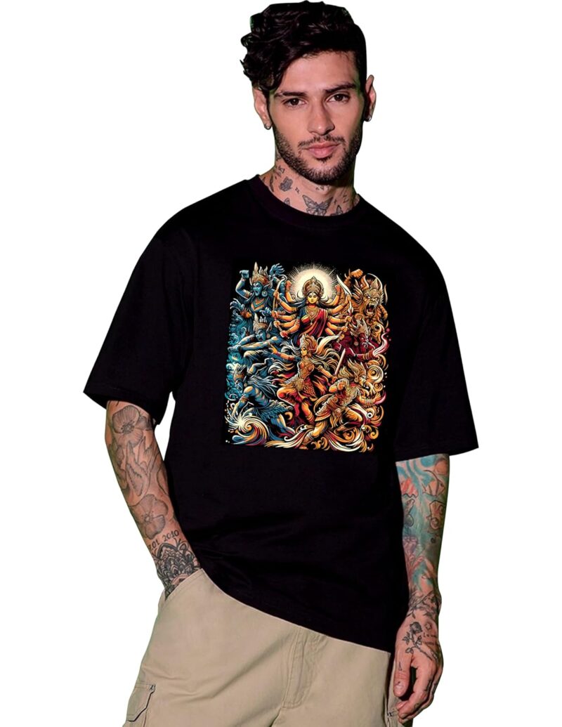 MIGLOCUST Hindu God Graphic Printed Oversized Round Neck Drop Shoulder Casual Tshirt for Men