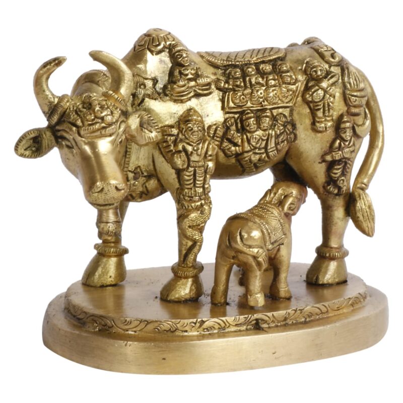 ARTVARKO Cow and Calf Statue Brass Kamdhenu Vastu Devta Carving on Gau MATA Idol, Spiritual Vastu Nandi Pooja Figurine Sculpture, for Home and Office(11x7x9 cm)