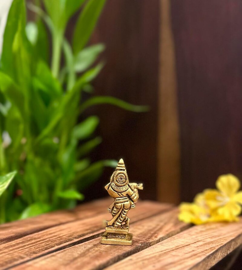 Laya 100% Pure Brass Krishna Idol, Small Krishna Statue for Home Decor, Pooja & Gifting - Yellow Antique Finish