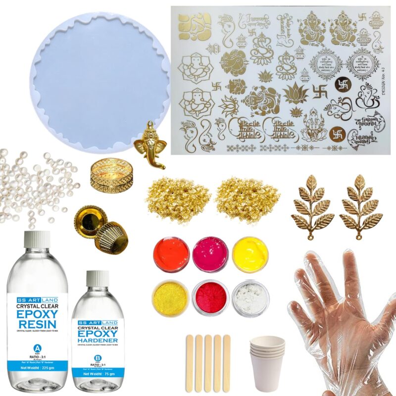 SS Art Land DIY Resin Art Pooja Thaali Making Kit with 300 Grams Crystal-Clear Epoxy Resin, 8" Agate Thali Silicone Mould, Sticker, Pigments, Mica, Combi Glitter & More for Beginners & Professional