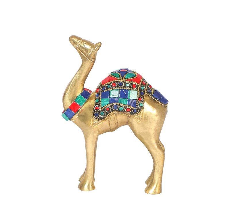 Two Moustaches Gemstone Work 6 Inches Brass Camel Showpiece, Camel Statue for Vastu, Showpiece for Home Decor, Standard, Pack of 1