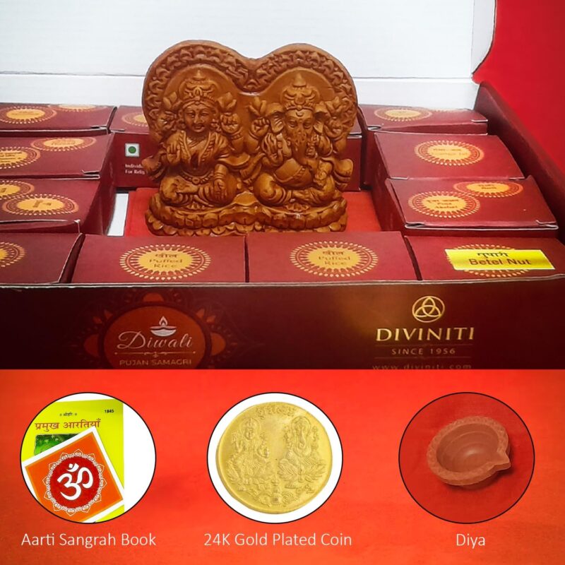 Diviniti Diwali Pujan Samagri Kit for Home and Office Deepawali|Diwali Puja Kit with Handcrafted Lakshmi Ganesha Idol, 24K Gold Plated Coin and Other Important Items for Puja Room & Diwali Gift