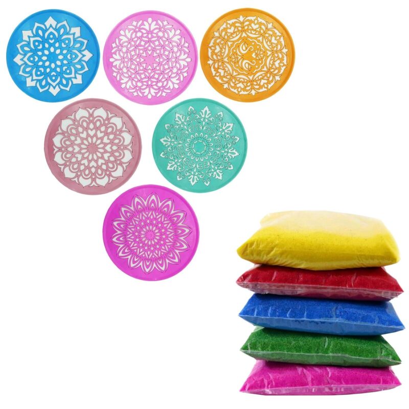 Rangoli kit 5 Multicolour Rangoli Powder 80g Each with 2 Rangoli Stencils Stamp Ceramic Colours Rangoli Powder Colors Rangoli Making Kit for Floor Diwali Navratri Pongal Pooja Mandir