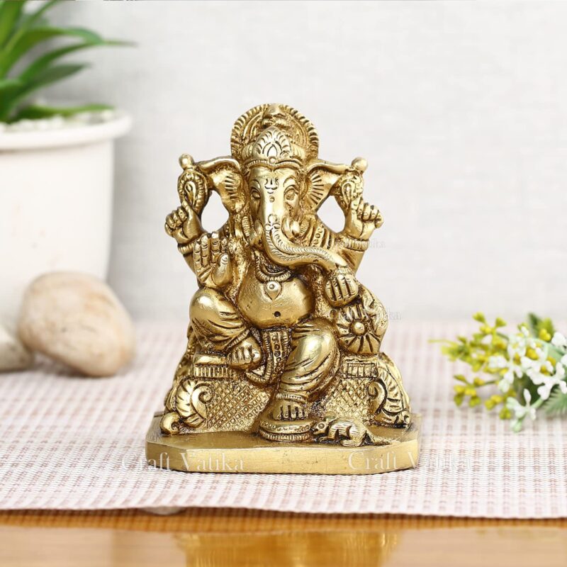 Collectible India Brass Action Lord Ganesh Idol, 4 Inches Height, Golden (Gbs178)