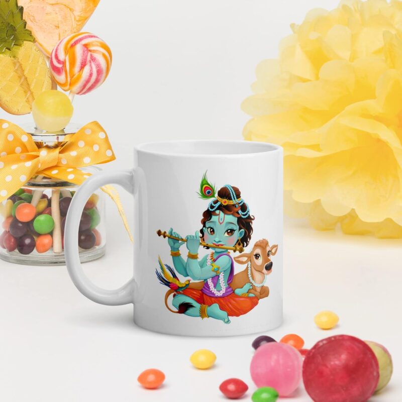 KC PRODUCTS Printed Ceramic Coffee Mug for Lord Krishna Printed Lover (White, 330 ml)