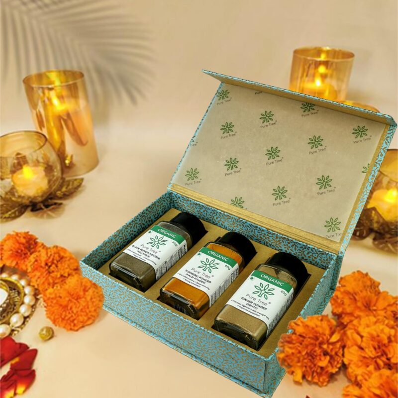 Pure Tree Organic Premium Gift Hamper with Black Pepper, Turmeric, Ginger Powder Gift Box | Festive Celebration Box | Diwali Corporate Gifts in Beautiful Sky Blue Paisley Printed Gift Box