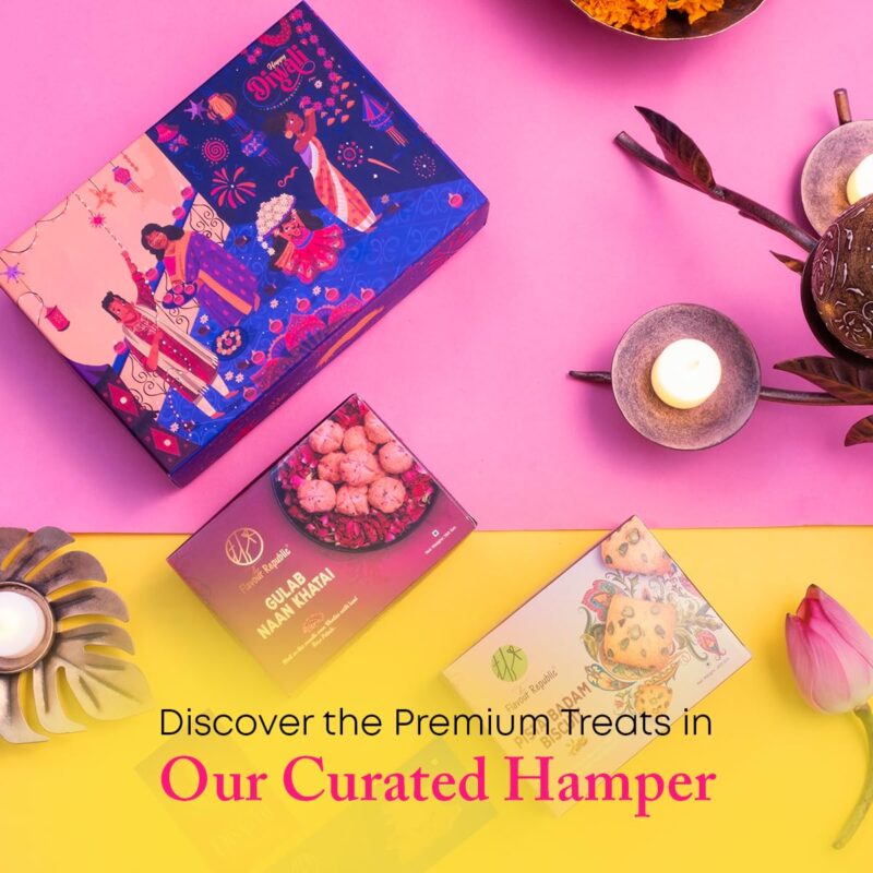 The Flavour Republic Festive Treat Hamper | Premium Diwali Gift Hamper | Bhai Dooj Hamper | Assortment of Pista Badam Biscuits, Gulab Naan Khatai, and Crispy Brownie Thins Chocochip | Ideal for Family, Friends, and Corporate Gifting