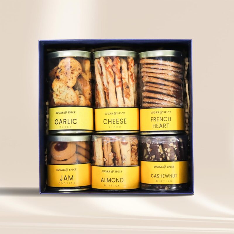 Sugar and Spice Gift Hamper Box | Garlic Toast, Cheese Straw, French Heart, Grandma Jam Cookies, Almond Bistick, Cashewnut Bistick | Premium Gourmet Cookies Gift Box | Iris Festive Gift Hamper