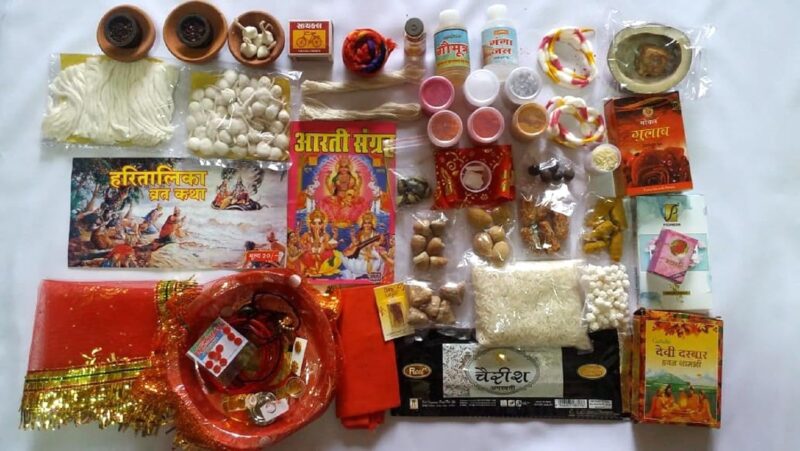 Bhakti2Shakti - Making Worship Special - Hartalika Teej Vrat Poojan Kit with Mata Shringar | Medium series | Contains 50+ Essential Items | Hartal teej pooja saman