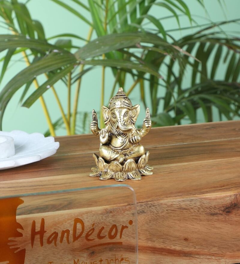 Two Moustaches Brass Ganesha on Lotus Showpiece, Ganesha Murti, Ganesha Idol for Home, Ganesha Statue for Home Temple, Standard, Pack of 1