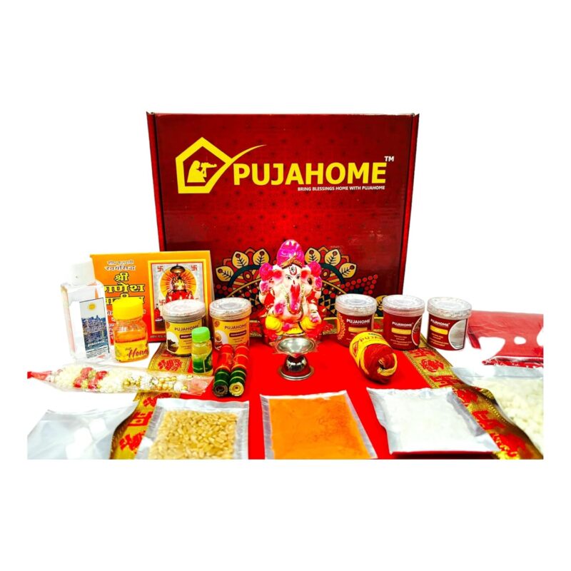 Pujahome Ganesh Puja Samagri Kit for Ganesh Pujan/Ganpati Pooja Kit/Ganesh Chaturthi Puja/Ganesh Pooja with Mitti(Painted Clay) Ganesh Murti(32 Items)