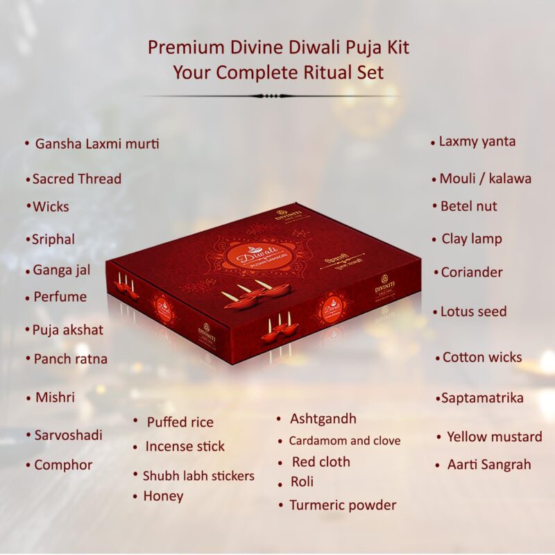 Diviniti Diwali Pujan Samagri Kit for Home and Office Deepawali|Diwali Puja Kit with Handcrafted Lakshmi Ganesha Idol, 24K Gold Plated Coin and Other Important Items for Puja Room & Diwali Gift