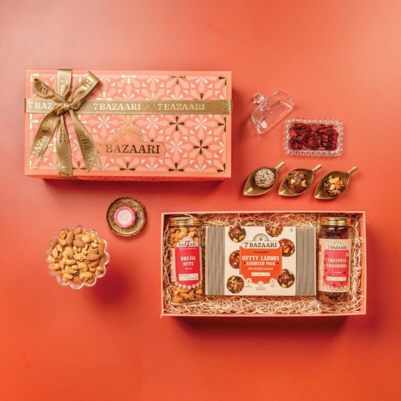 7 BAZAARI™ The 7B Sampler Diwali Gift Hamper - No Sugar Nutty Ladoos, Tangy Cranberry 180g, Bhujia Nuts 175g | Premium Gift Set for All Occasions | Healthy Sweets and Snacks | Gluten-Free, Natural Ingredients | Festive Delight, Indian Sweet Box