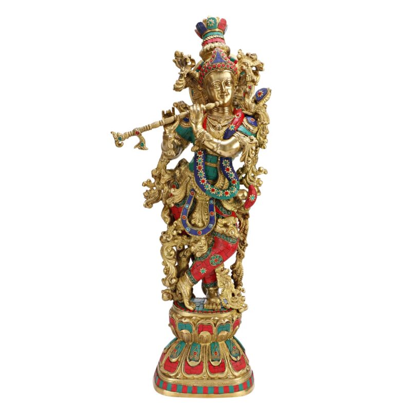 Artvarko Brass Lord Krishna Idol Bhagwan Large Statue Multicolor Murti for Home Decor Puja Gift Height 29 Inches