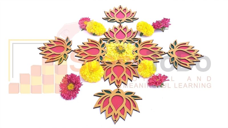 StepsToDo Lotus Flower Wooden Cutout. Set of 12. Each Lotus in 3 color Golden, Rose Pink and Green. Festive DIY Craft Material Kit. Decoration for Diwali, Dashera. For Pooja, Festival, Wedding Gift