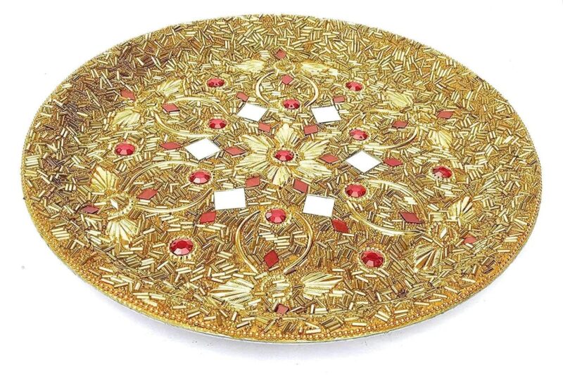 R G R Decorative Golden Stainless Steel KarwaChauth Pooja Thali Set Combo with 11 Pooja Samagri Kit -Karva Chauth Pooja Puja Thali-Traditional Karvachauth Gift for Wife Sister Mother Women