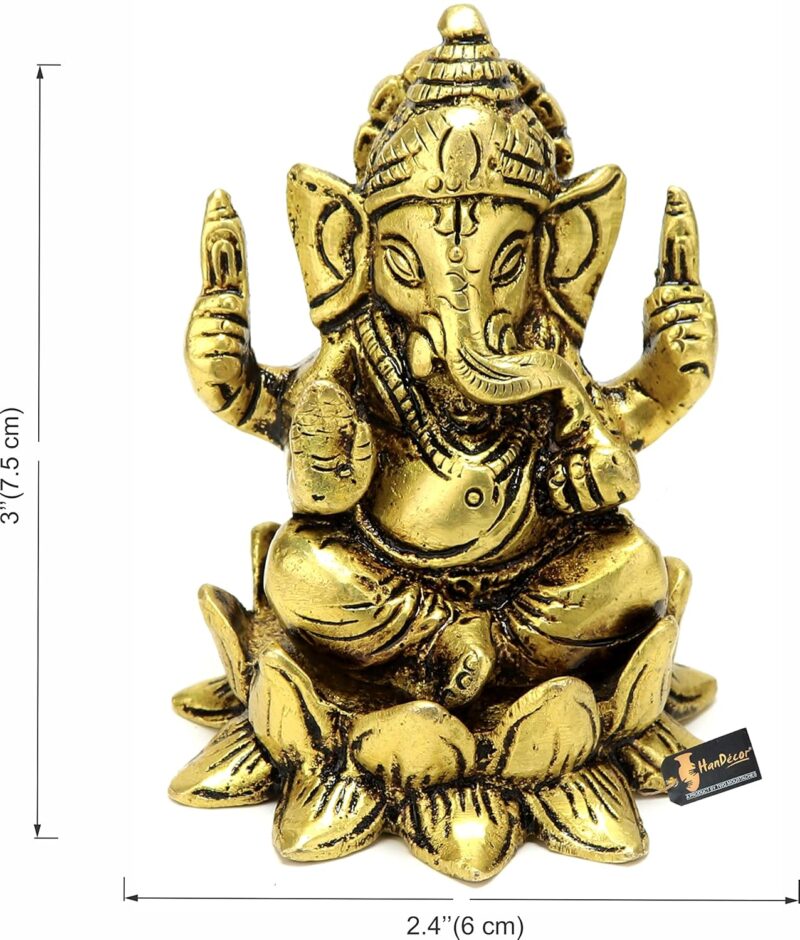 Two Moustaches Brass Ganesha on Lotus Showpiece, Ganesha Murti, Ganesha Idol for Home, Ganesha Statue for Home Temple, Standard, Pack of 1