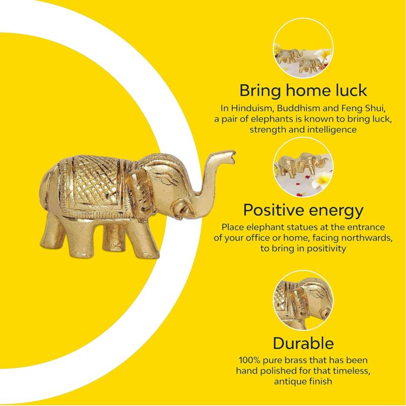 10Club Elephant Idols - 2 Piece (5L X 3H cm,400 Grams) - 100% Pure Brass | Pair of Elephant Idols for Desk, Car, and Home Decor | Yellow Antique Finish - Ideal for Gifting