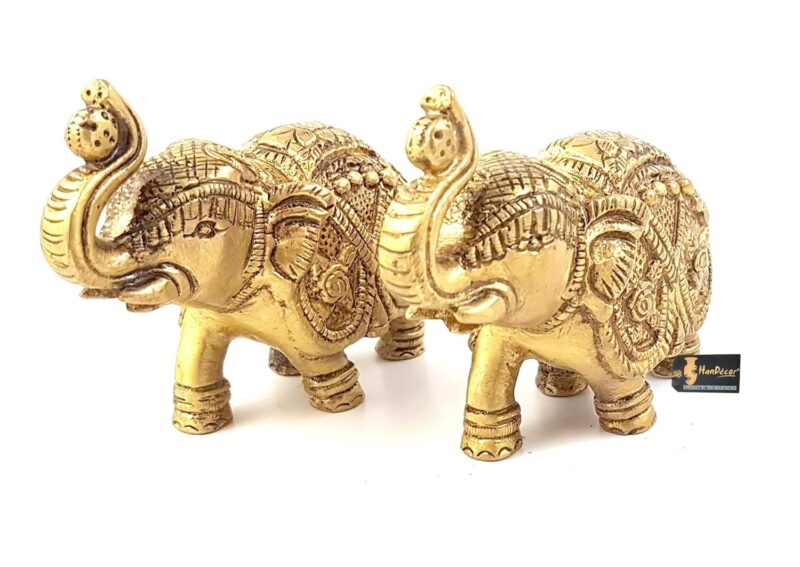 Two Moustaches Handmade Ethnic Indian Brass Elephant Pair Decor Showpiece, Standard, Golden, 2 Units