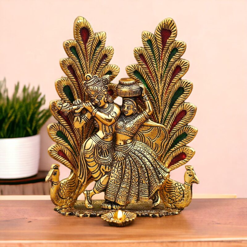 ascension Metal Peacock Design Radha Krishna Idol Decorative Showpiece Statue for Puja Room Home Office Desk Decoration Gift Items (7 x 5 Inches) Gold