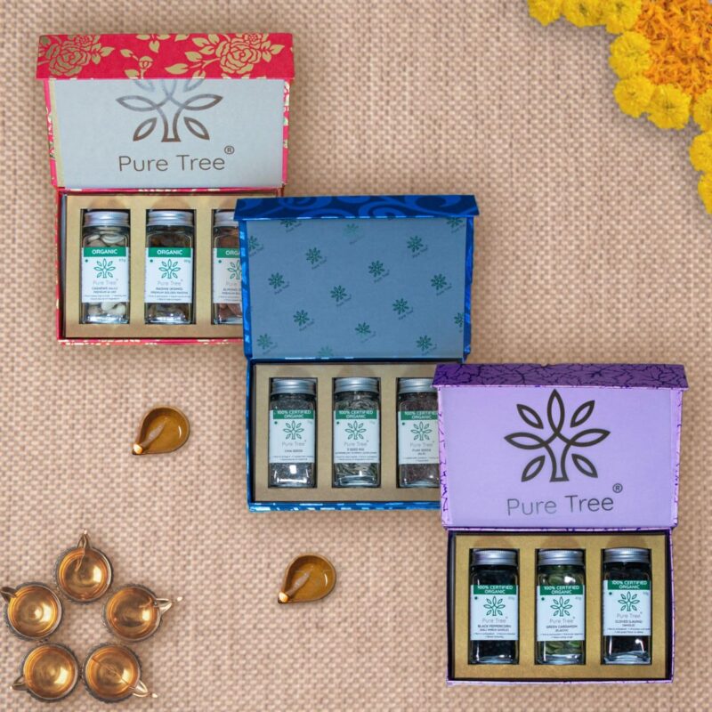 Pure Tree Organic Premium Gift Hamper with Black Pepper, Turmeric, Ginger Powder Gift Box | Festive Celebration Box | Diwali Corporate Gifts in Beautiful Sky Blue Paisley Printed Gift Box