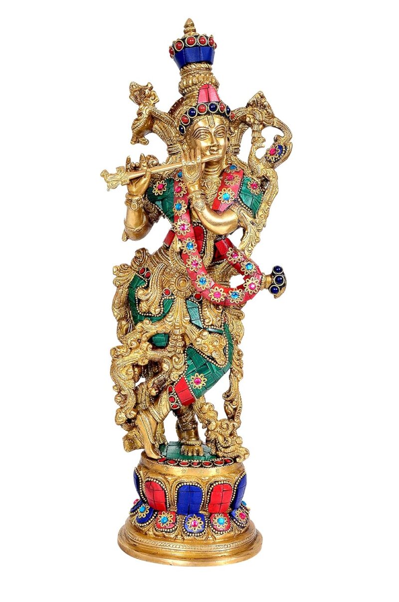 AONA Brass Lord Krishna Idol Statue Krishna Sculpture Decorative Showpiece for Home Office Decor Multicolou | Height 15 Inches