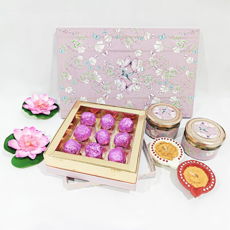 Snaxup Gourmet Gift Hamper Box - 5 Pack -No Sugar Chocolates 1, Handpainted Festive Glittery Diya, Roasted Almond, Roasted Cashew & Diwali Greeting Card