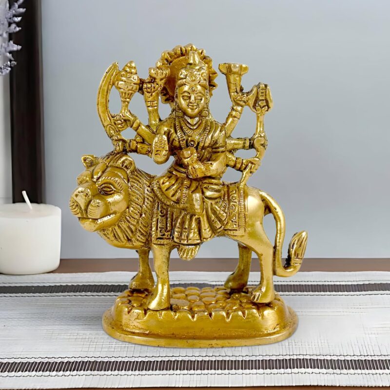 CRAFTHUT Brass Sherawali MATA Idol - Goddess Durga Statue for Mandir Pooja, Religious Gift Figurine (4.25 x 3.75 x 2 Inches, 450g)