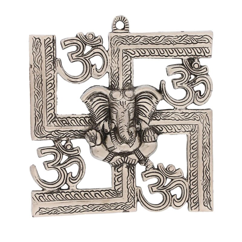 Artisyn Silver Lord Ganesha On Om Swastik Symbol Metal Wall Hanging - Exquisite Hindu God Figurine for Home, Temple, Office, Sacred Spaces - Gift for Housewarming, Festive Occasions