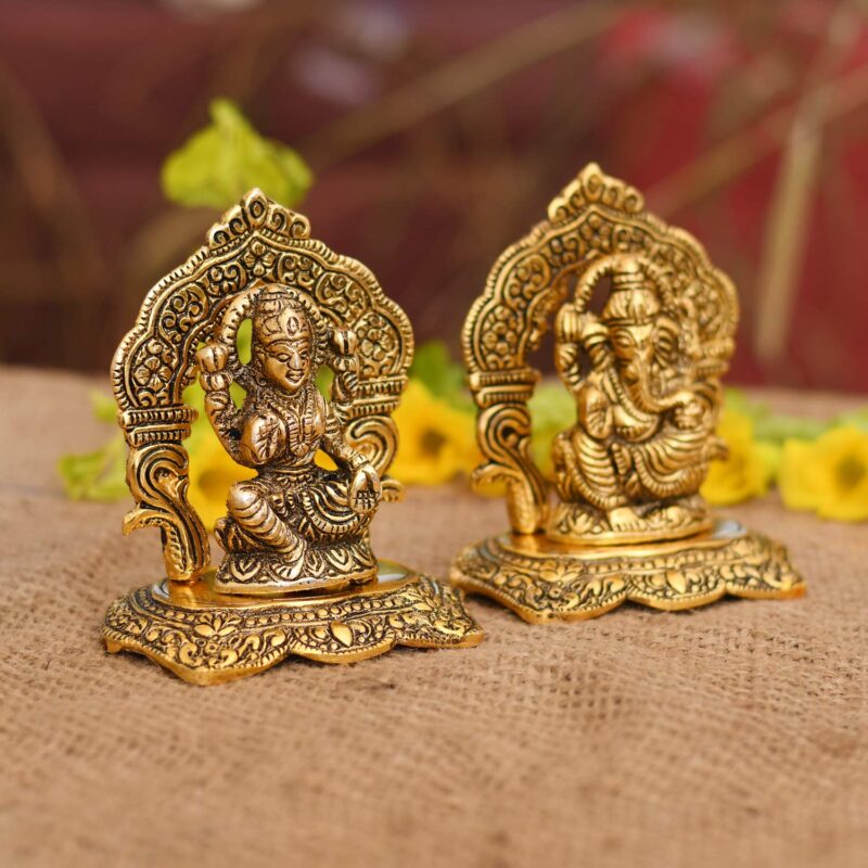 Collectible India Laxmi Ganesh Set Idol Showpiece Metal Gold Plated Lakshmi Ganesha Idols for Diwali Gifts Puja (Set 1)