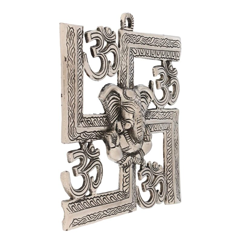 Artisyn Silver Lord Ganesha On Om Swastik Symbol Metal Wall Hanging - Exquisite Hindu God Figurine for Home, Temple, Office, Sacred Spaces - Gift for Housewarming, Festive Occasions