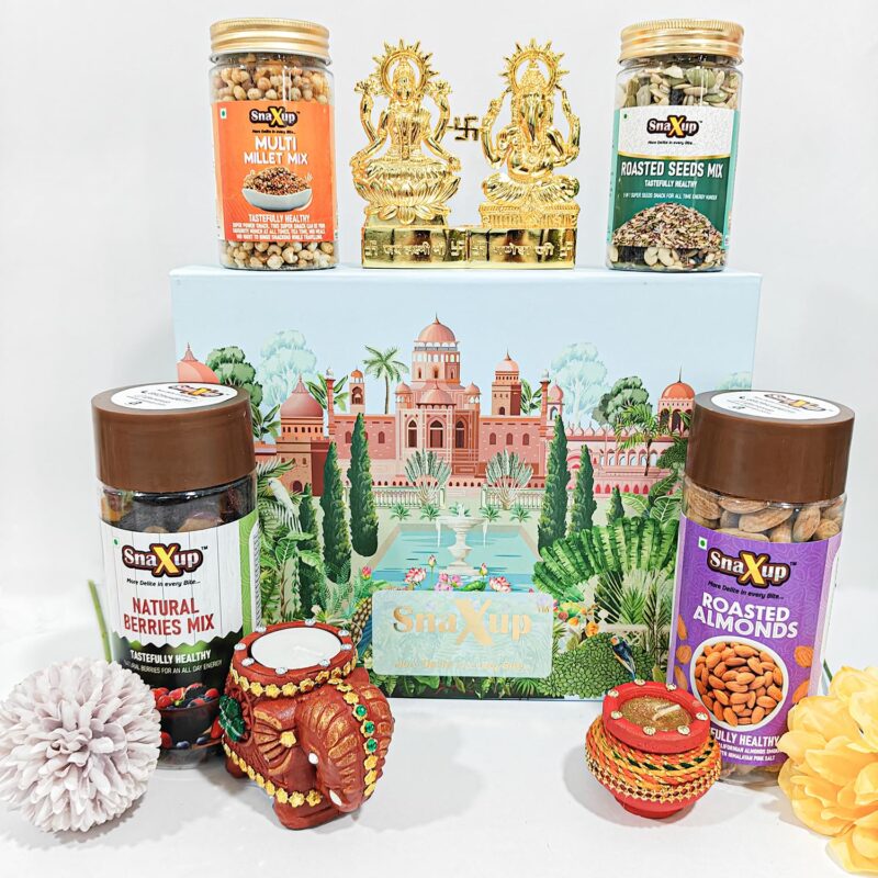 Snaxup Regal Festive Diwali Gift Hamper Box - 8 Pack -Brass Laxmi & Ganesh 1, Elephant Diya 1, Matki Diya 1, Natural Berries Mix, Roasted Almond, Roasted Multimillet Mixture, Roasted Seeds Mix & Diwali Greeting Card