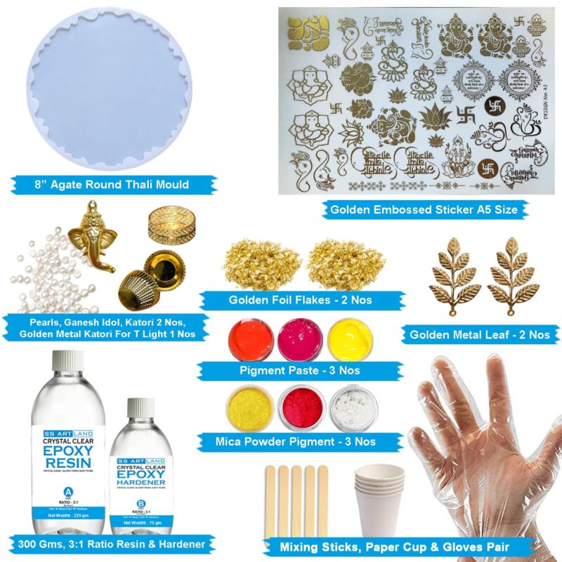 SS Art Land DIY Resin Art Pooja Thaali Making Kit with 300 Grams Crystal-Clear Epoxy Resin, 8" Agate Thali Silicone Mould, Sticker, Pigments, Mica, Combi Glitter & More for Beginners & Professional