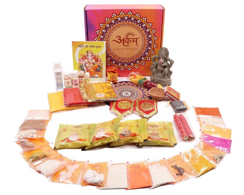 Arkam Ganesh Puja Samagri Kit for Ganpati Pooja with Eco-Friendly Ganesh Statue/Ganpati Puja Kit/Ganesh Chaturthi Puja Kit/Ganesh Pooja (35+ Items) with Detailed Puja Vidhi in Hindi