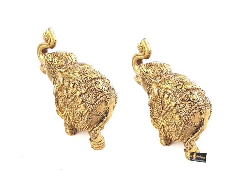 Two Moustaches Handmade Ethnic Indian Brass Elephant Pair Decor Showpiece, Standard, Golden, 2 Units