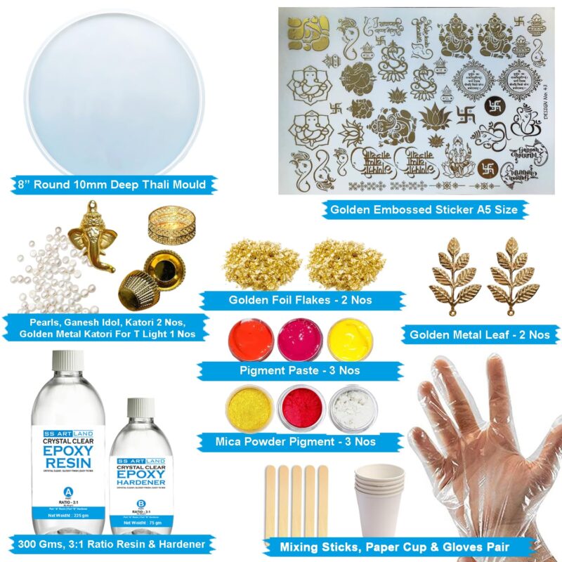 SS Art Land DIY Resin Art Pooja Thaali Making Kit with 300 Grams Crystal-Clear Epoxy Resin, 8" Round Thali Silicone Mould, Sticker, Pigments, Mica, Combi Glitter & More for Beginners & Professional