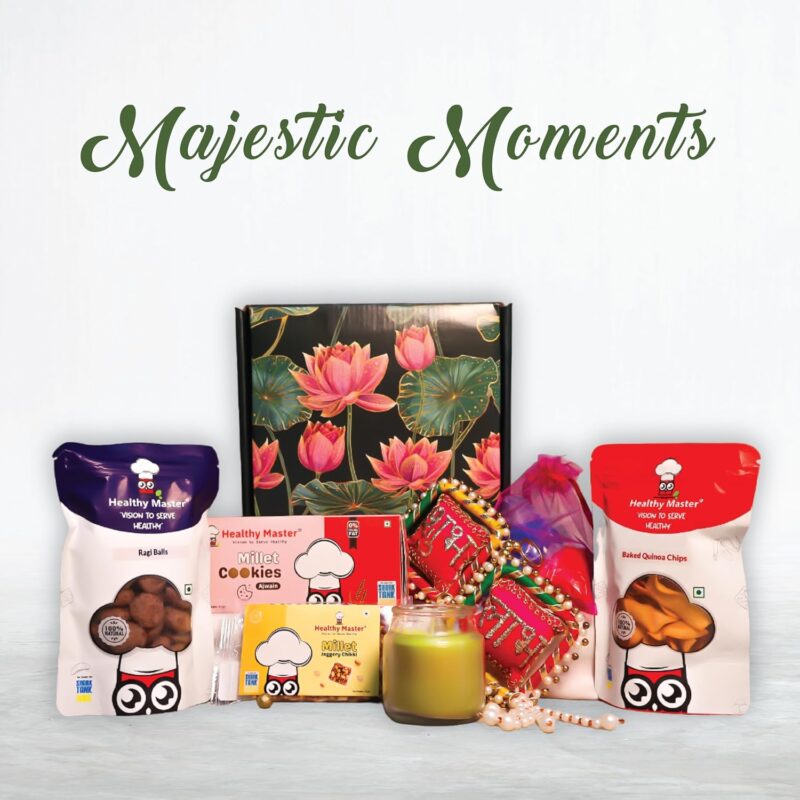 Healthy Master Box of 7 | Majestic Moments | Delights Diwali Gift Box | Healthy Snacks, Millet Balls, Cookies, Candle, Rangoli, shubh labh | Premium Diwali Gift Box | Festive Gift for Loved ones | Diwali Gift Hamper | Corporate Gift Hamper