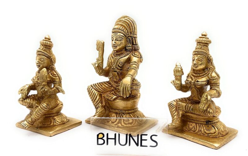 Bhunes Brass Dharmashasta Idol | Aiyanar with Poorna and Pushkala | Ayyappa | Revantha | Statues | Dharmashastha | Shasta Ayyappan | Brass | Sastha Ayyanar | Brass Ayyappan (Brass, 10CM)