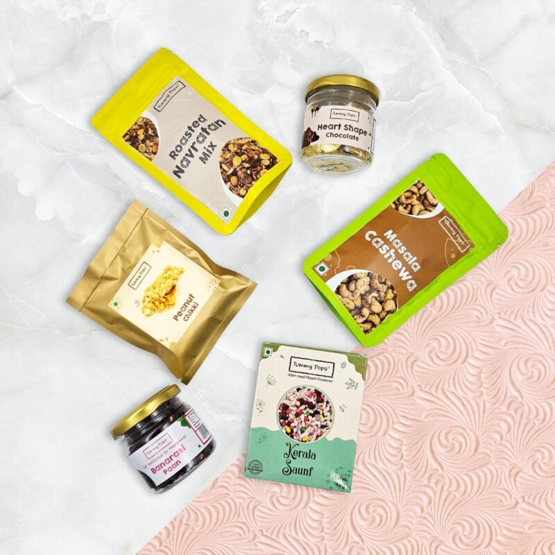 Tummy Pops Diwali Gift Hamper | Assorted Healthy Gourmet Snacks Combo Box of Mukhwas, Dryfruits, Chocolates, Snacks, Peanut Chikki with Greeting Card | Corporate Gift Hamper | Festive Hamper