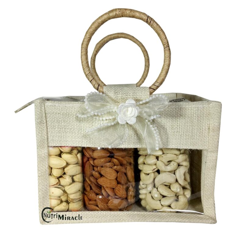 NUTRI MIRACLE Premium Bhaidooj Gift Hamper with Dry Fruits, Chocolates & Tilak | Festive Gift Pack in Jute Bag