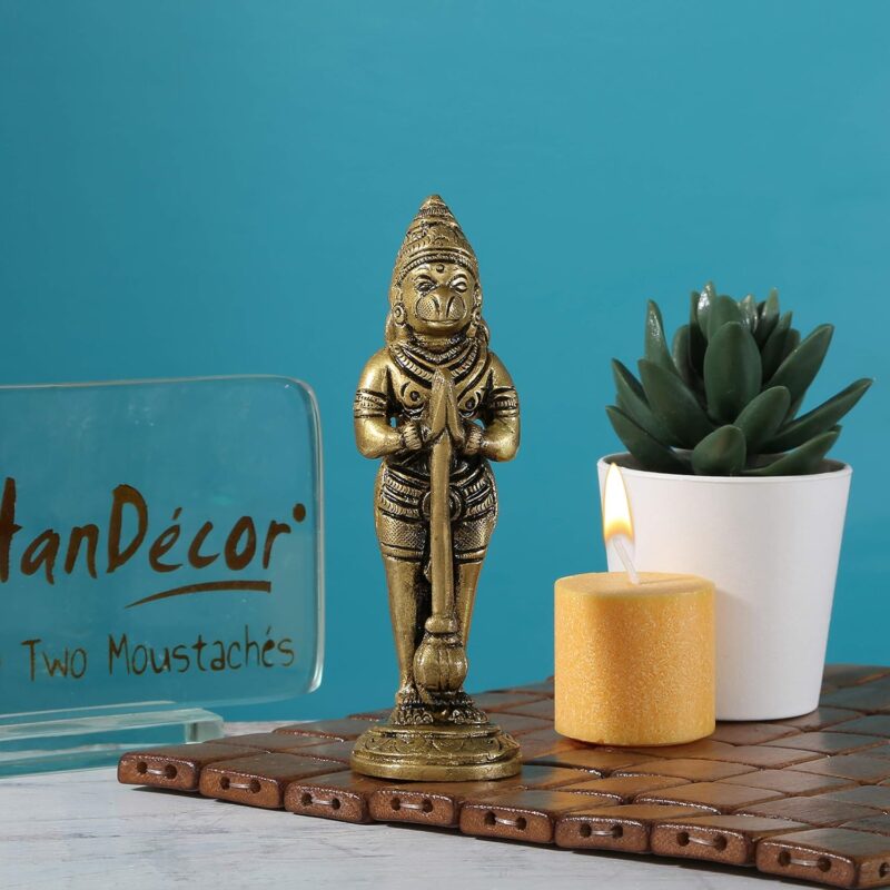 Two Moustaches Brass The Humble Hanuman Statue,Standard, Antique Yellow, 1 Piece