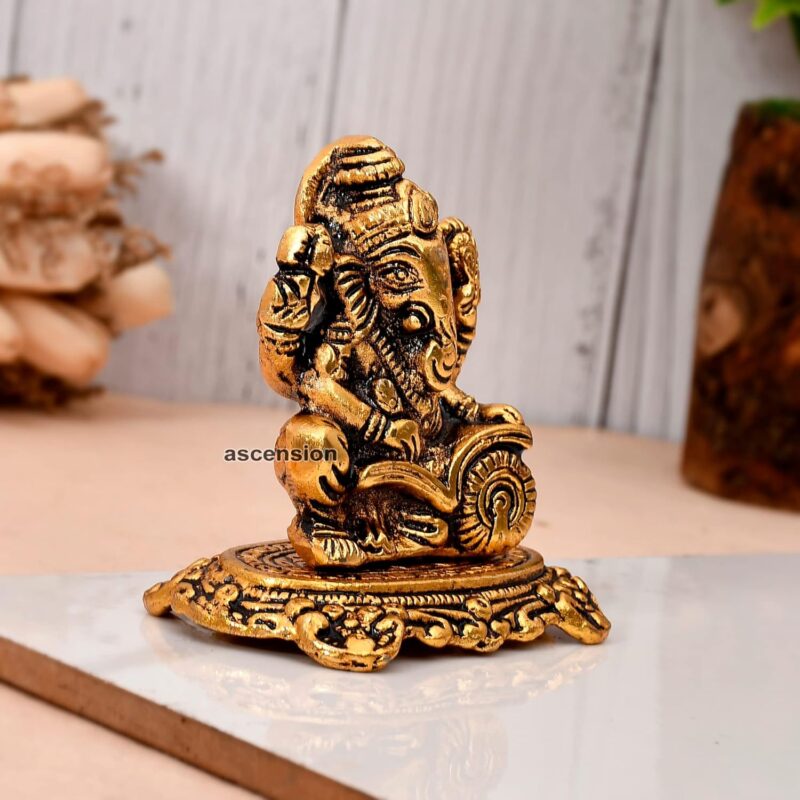 Ascension Designer Metal Lord Ganesha Statue Golden Brass Hindu God Ganesh Ganpati Sitting Idol Blessing Ganpati Sculpture for Home Diwali Puja Home Decoration Festival Gifts