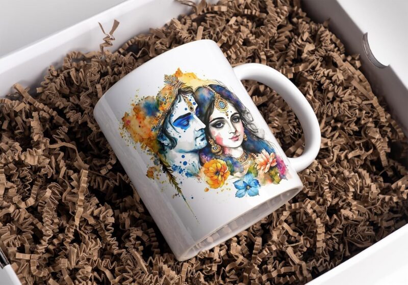 Radha Krishna Ceramic Coffee Mug, Floral Design, 350 ml