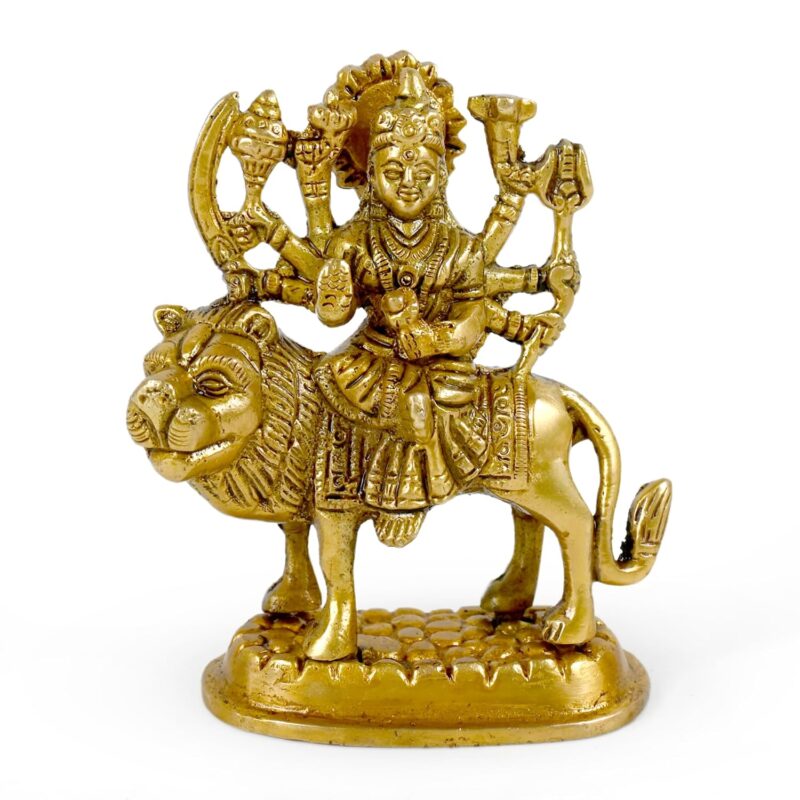 CRAFTHUT Brass Sherawali MATA Idol - Goddess Durga Statue for Mandir Pooja, Religious Gift Figurine (4.25 x 3.75 x 2 Inches, 450g)