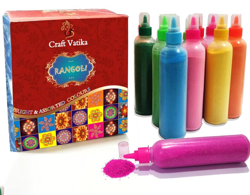 CraftVatika 12 Rangoli Colour Powder Tube Kit, Diwali Decoration Items Bottles Tool Floor Art Rang for Home Navratri Pongal Pooja Mandir Decor (Pack of 12) (1 Box- 12 Bottle)